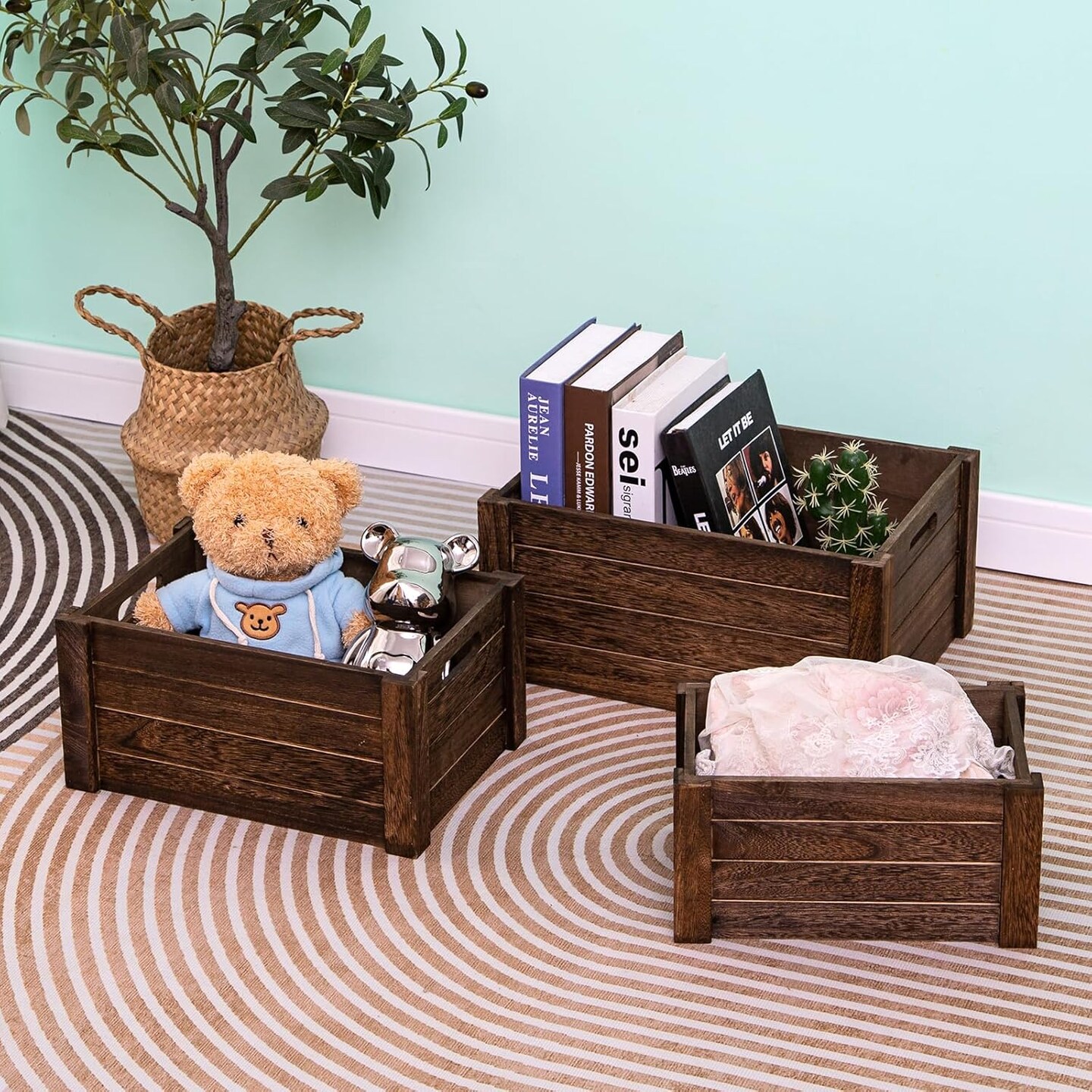 Large Vintage Brown Wooden Storage Crates – Nesting Handmade Solid Wood Boxes for Organization & Home Storage