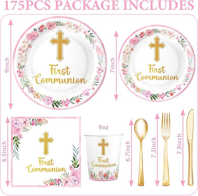 175 PCS First Communion Decorations for Girls - Pink First Communion Paper Plates and Napkins Party Supplies Serves 25 - God Bless Disposable Plate for Baby Shower Baptism Party Decorations