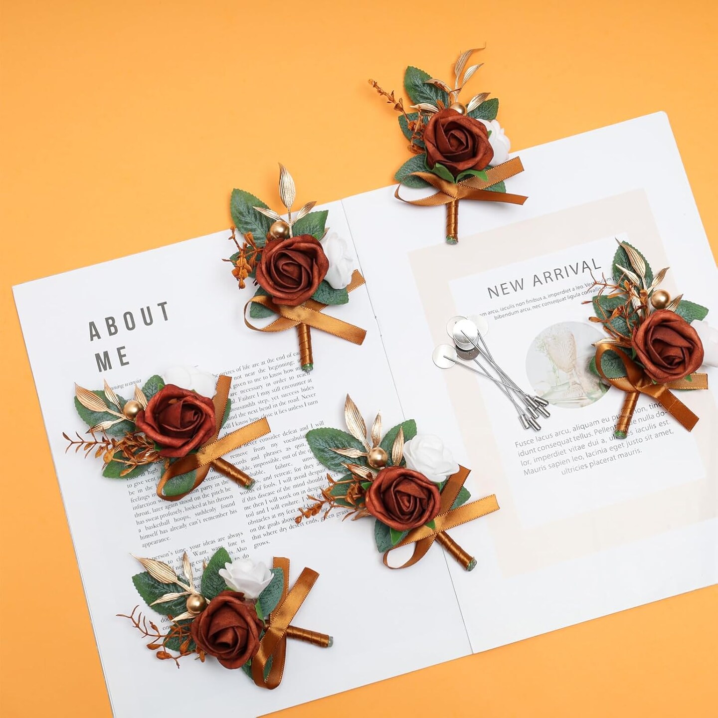 6 pcs Burnt Orange Boutonniere Flowers