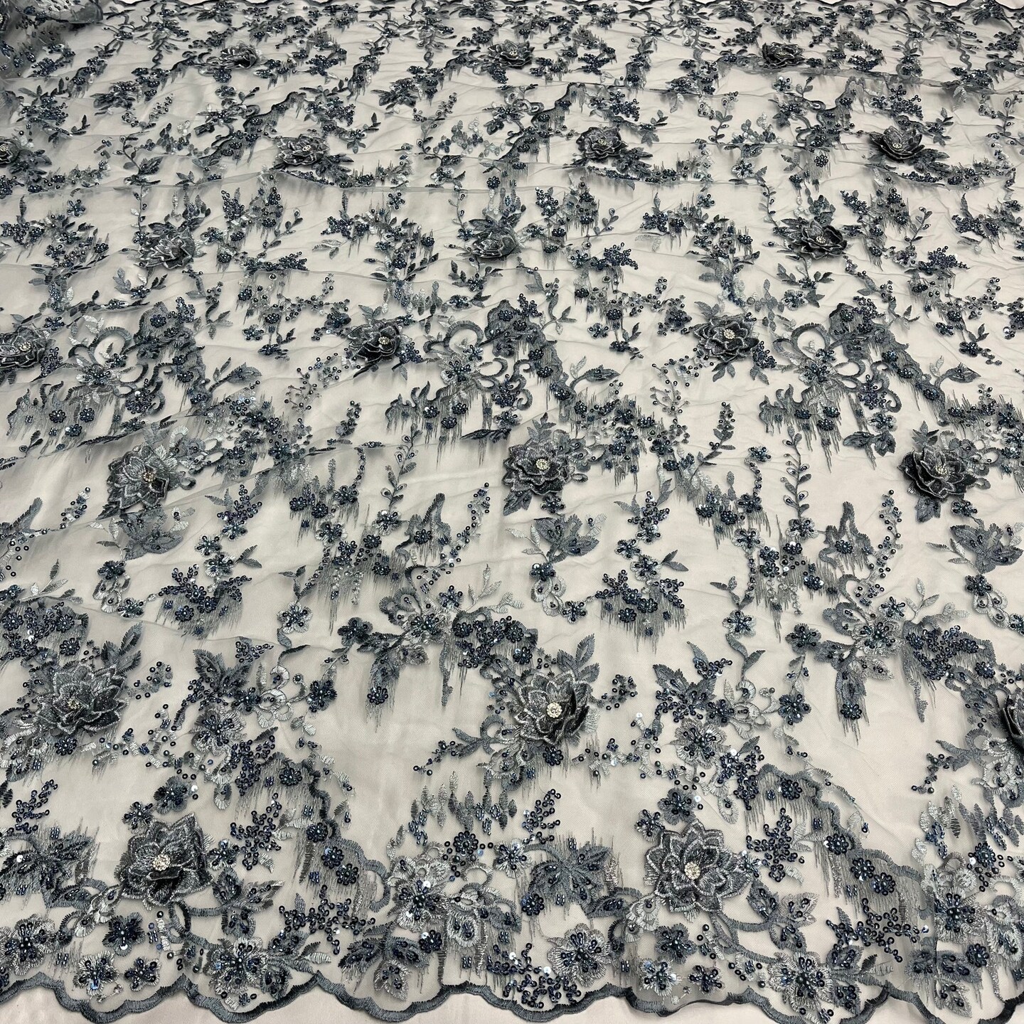 1 Yard Beaded Rhinestone 3D Floral Lace Fabric for Bridal Dresses Dance Costumes 50" Width