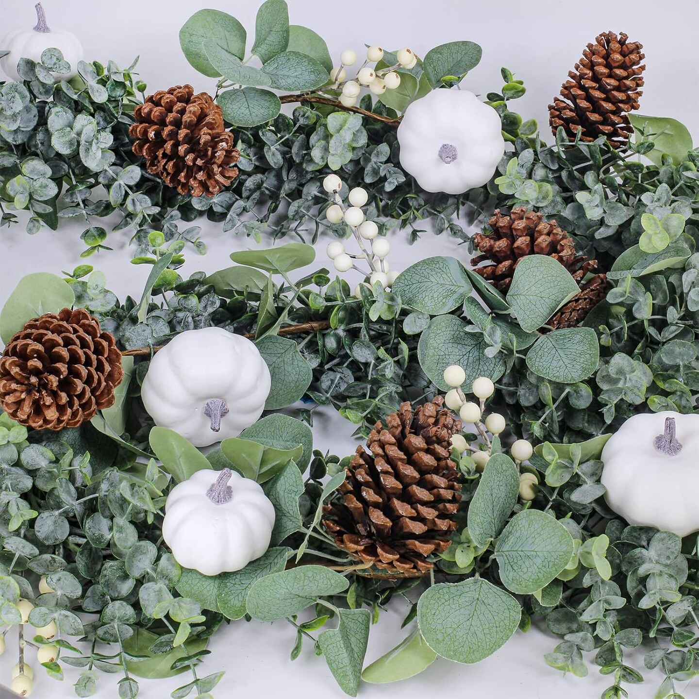 5.9FT Fall White Pumpkin Eucalyptus Garland – Artificial Farmhouse Greenery with Pumpkins, Pinecones & Berries for Thanksgiving, Wedding Arch, Mantel, Table Runner & Home Autumn Decor