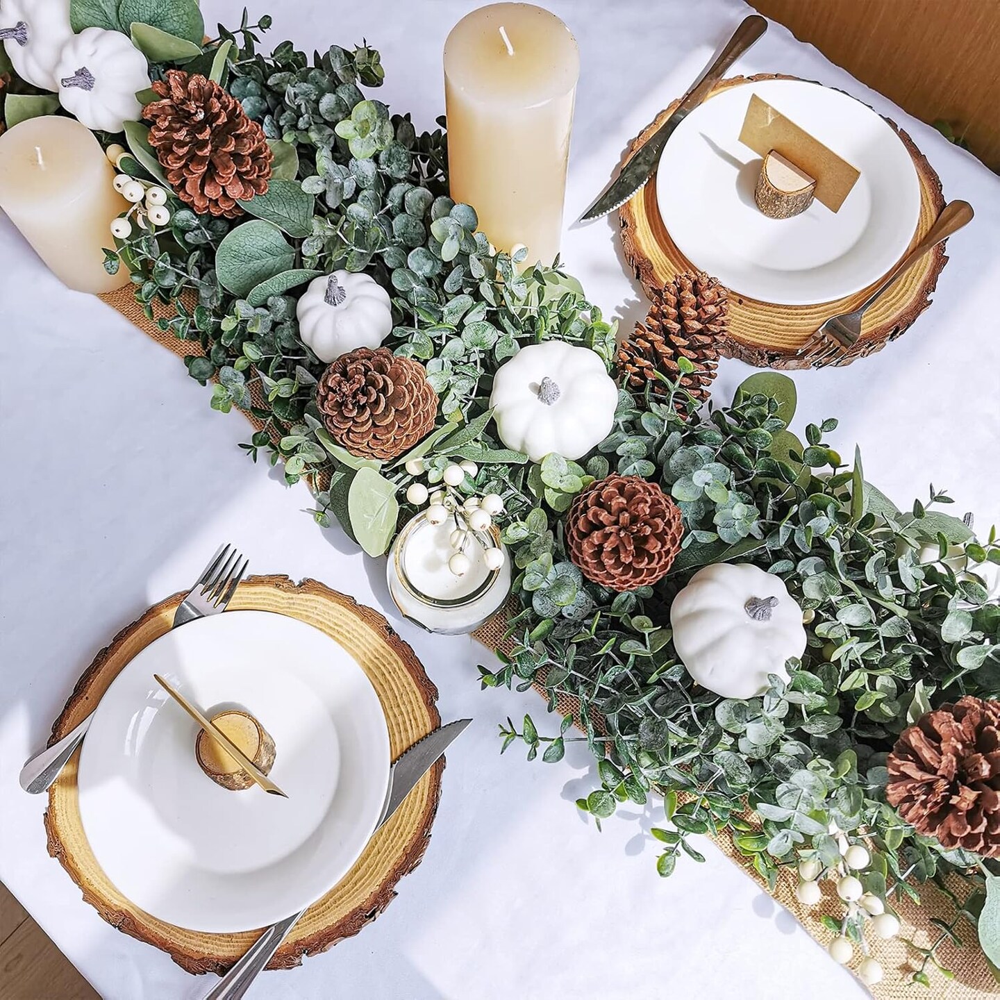 5.9FT Fall White Pumpkin Eucalyptus Garland – Artificial Farmhouse Greenery with Pumpkins, Pinecones & Berries for Thanksgiving, Wedding Arch, Mantel, Table Runner & Home Autumn Decor