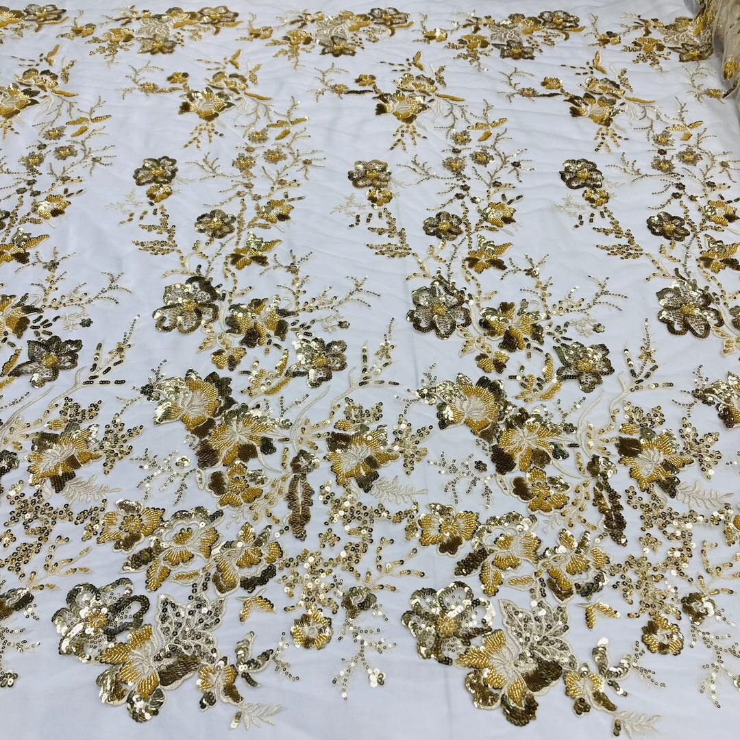 1 Yard Ivory Gold Beaded & Sequined Embroidered Lace Fabric on Polyester Mesh 48" Width