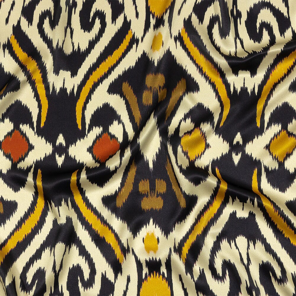 1 Yard Italian Silk Charmeuse 52" Wide Black, Mustard & Brown Ikat Spots Print Fabric