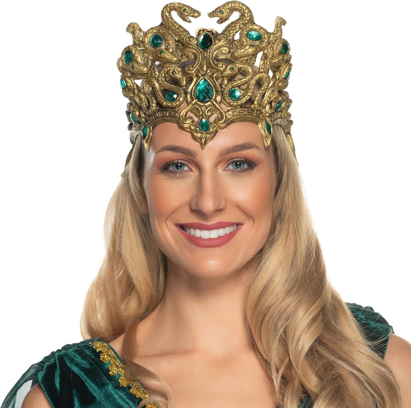 Gold Medusa Snake Headpiece - Gold Vinyl Headpiece with Green Jewels, Halloween Costume Accessories, Renaissance Goth Headband (One Size Fits Most)