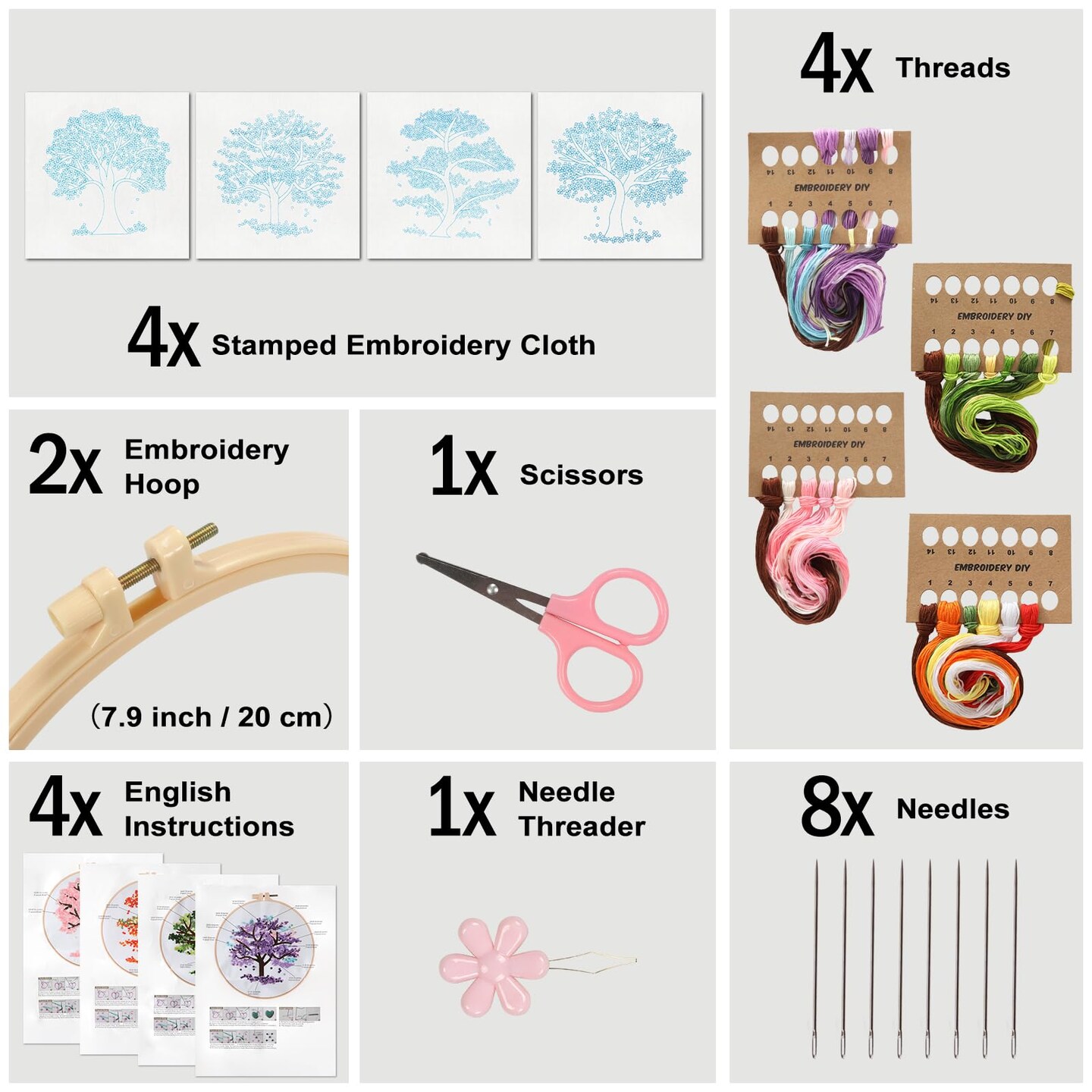 Embroidery Starter Kit for Beginners, 4 Sets Stamped Cross Stitch Kits for Adult, Seasonal Tree Pattern Hand DIY Kits with 2 Embroidery Hoop Instructions Color Threads Needles and Scissor