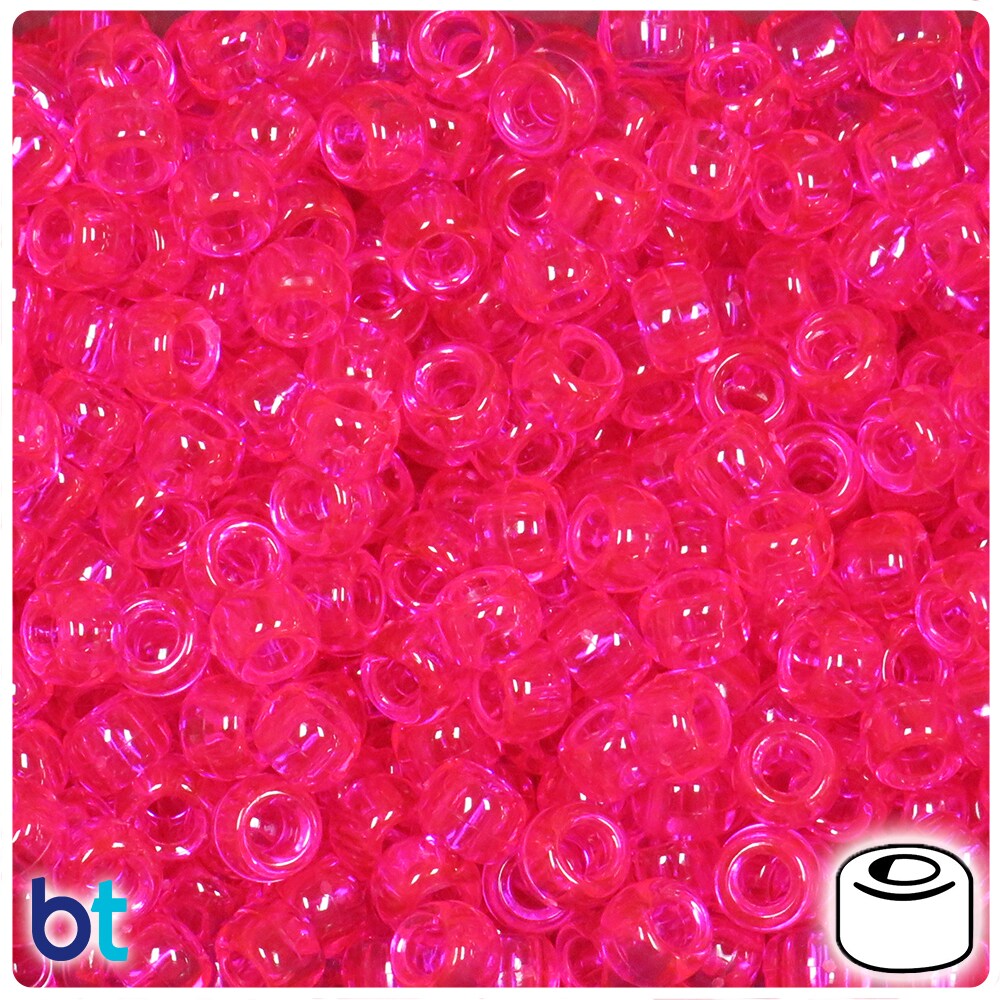 BeadTin Bright Pink Transparent 9mm Barrel Pony Beads (500pcs)