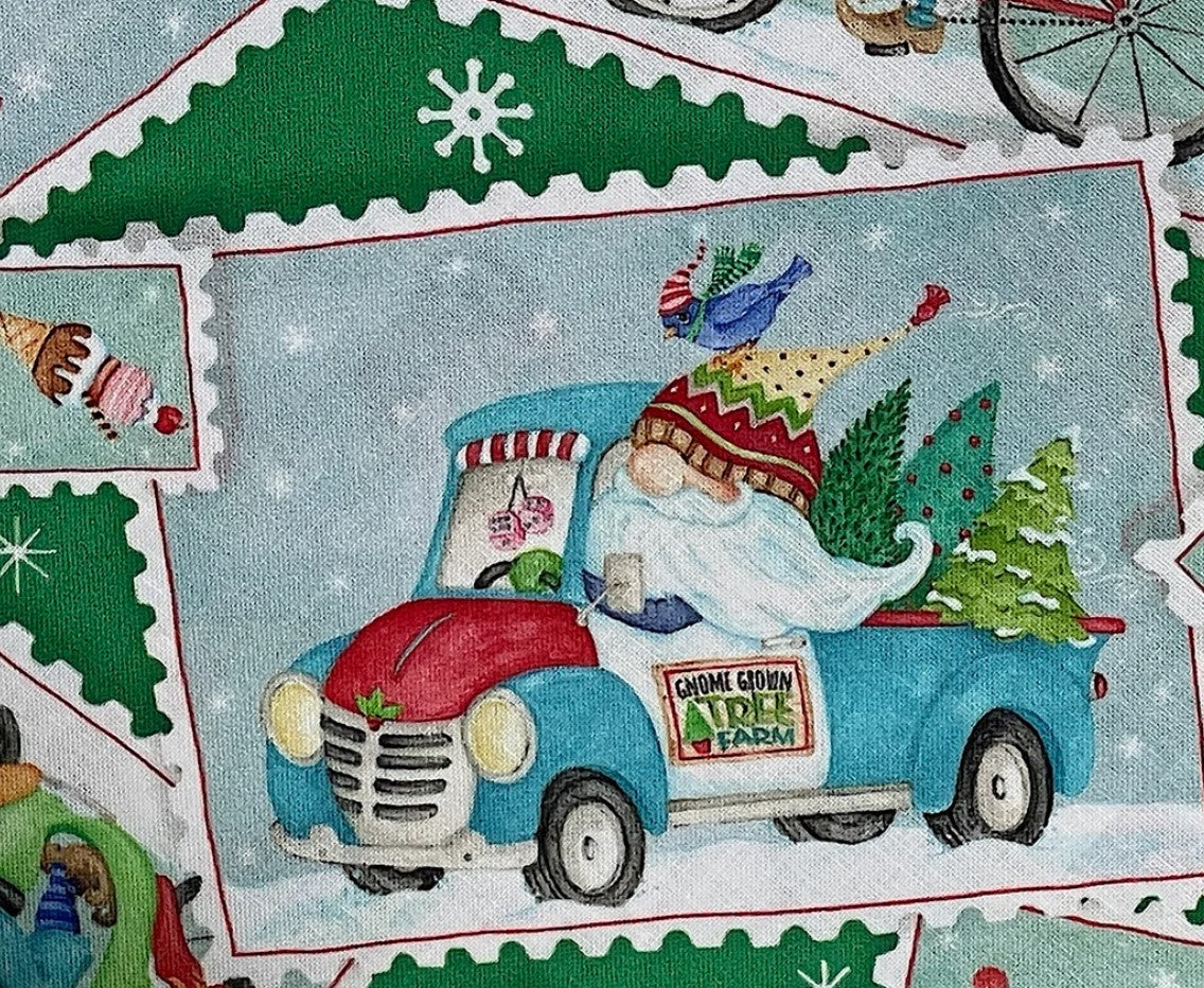 P & B Textiles Christmas Gnomes Postcard Toss on Green 100% Cotton Fabric Price per Yard