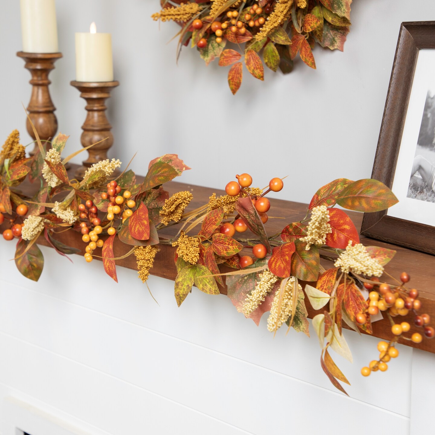 Northlight Autumn Leaves and Berries Artificial Fall Harvest Garland - 5' x 8"