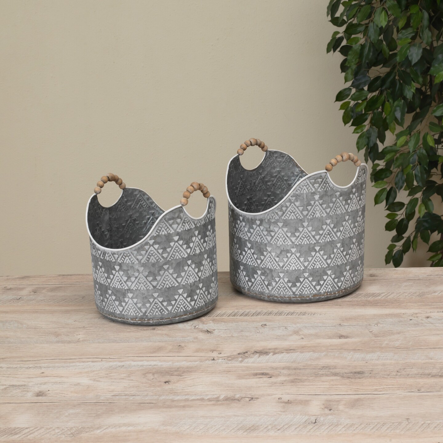Contemporary Home Living Metal Storage Buckets with Beaded Handles - 12&#x22; - Set of 2
