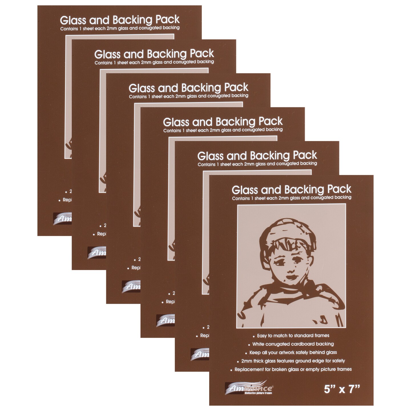 Ambiance Picture Frame Glass and Backing 5x7" - 6 Pack – 2mm Thick Glass Sheets with White Corrugated Cardboard Backing – Replacement Glass for Open-Back Frames