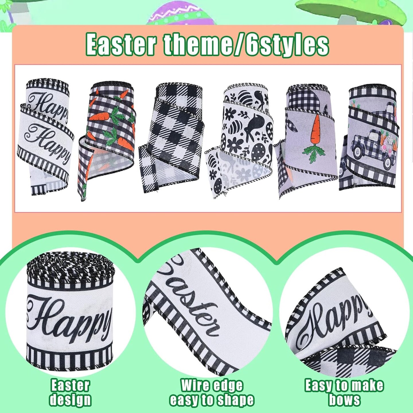 6 Rolls 30 Yards Easter Wired Ribbon 2.5 Inch Black White Ribbon Spring Craft Ribbon Bunny Carrot Decorative Ribbon for Easter Wreaths,Crafts,Big Bows,Gift Wrapping