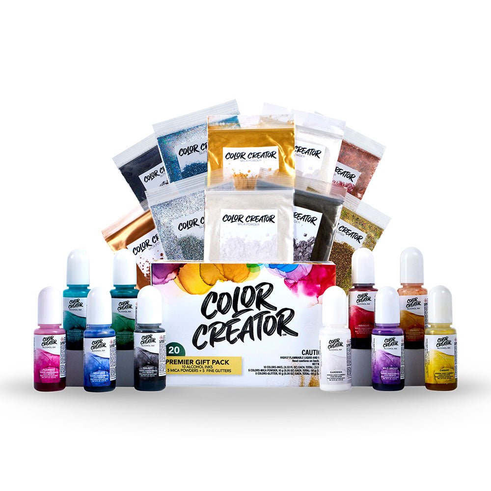 Color Creator Premier Gift Pack 20 Piece Set - (Ten 0.33floz Alcohol Inks, Five 10g Mica Powders, Five 10g Fine Glitters)