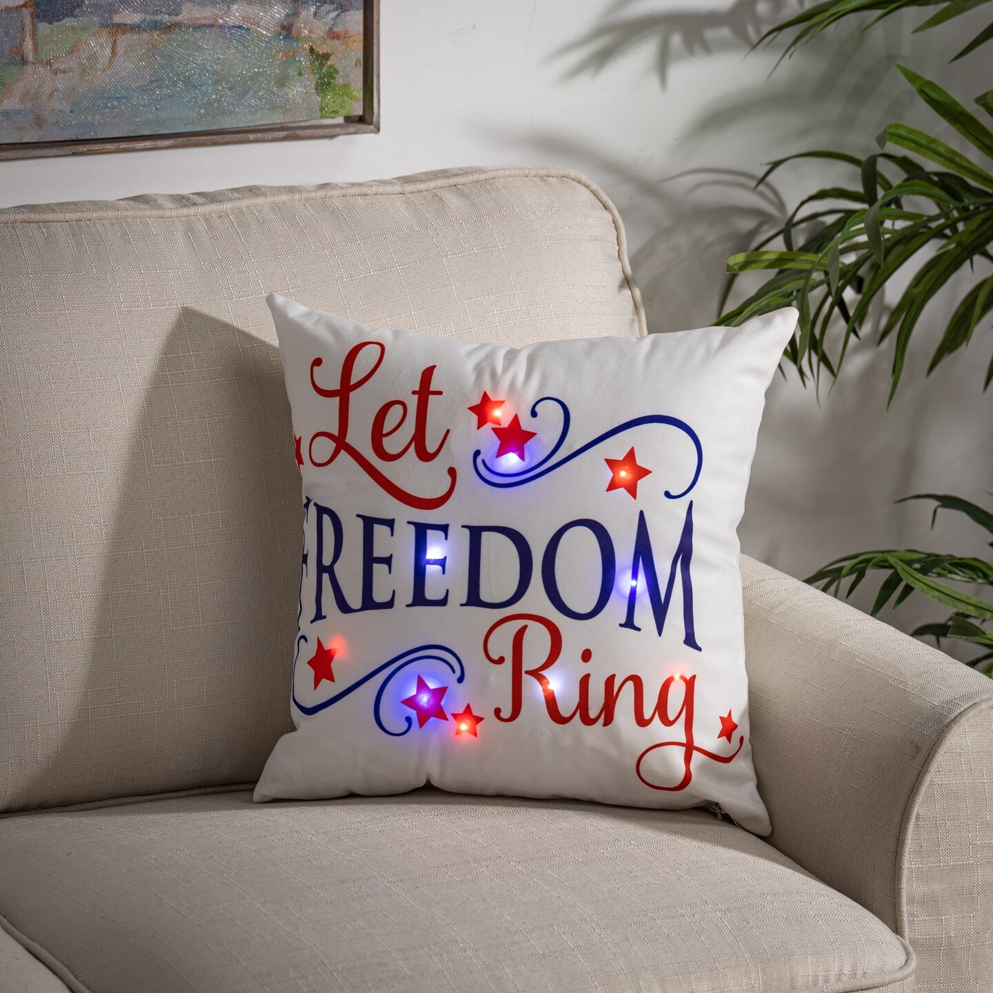 Contemporary Home Living LED Lighted Patriotic Square Throw Pillow - 16&#x22; - Red and Blue - Set of 3