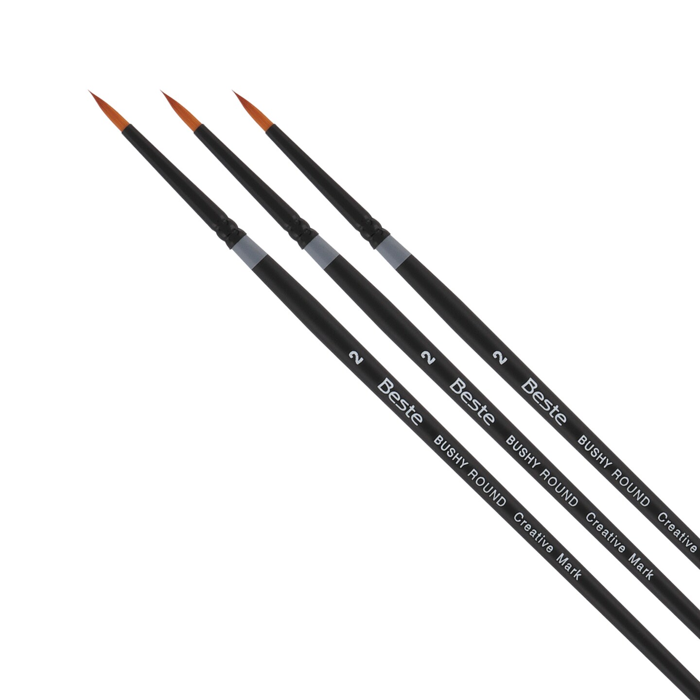 Creative Mark Beste Golden Taklon Bushy Round #2 - 3 Pack Artist Paint Brush, Professional Watercolor Brushes, For Acrylic Painting, Short Handle, Sharp Edges, Hand-Tied & Shaped
