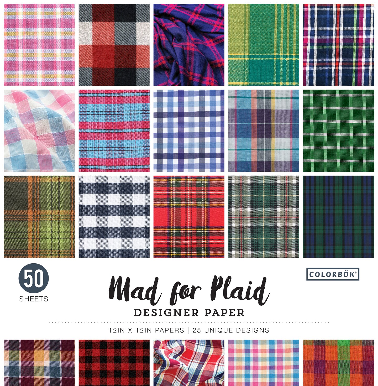 Colorbok 68lb Designer Single-Sided Paper 12&#x22;X12&#x22; 50/Pkg-Mad For Plaid, 25 Designs/2 Each