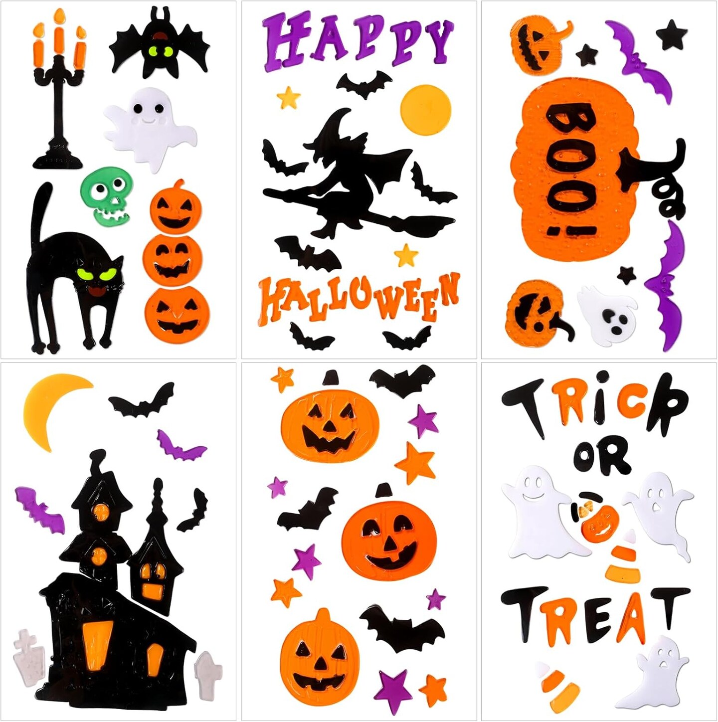 6 Sheets Halloween Gel Window Clings,Happy Halloween Pumpkins Witch