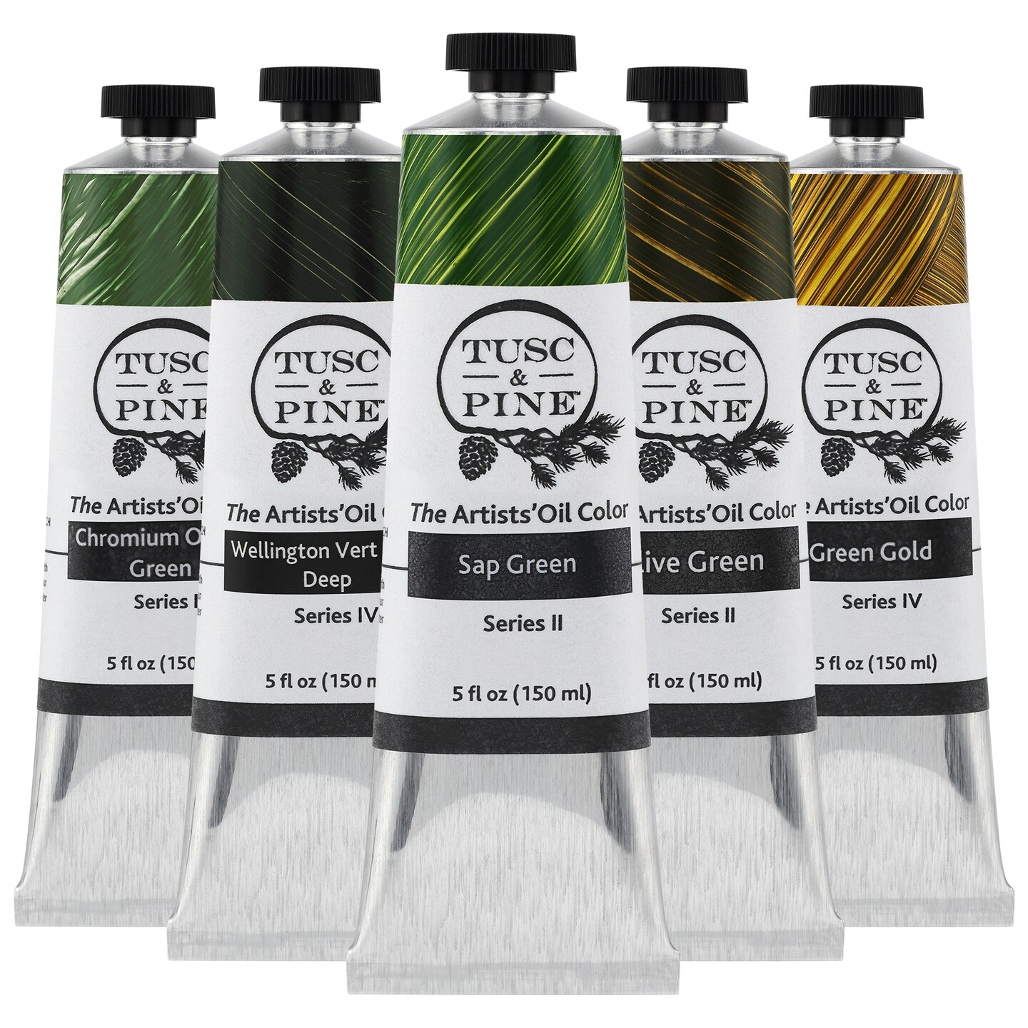 Tusc &#x26; Pine Artist Oil Paint - Set of 5, 150 ml, Earth Greens, 750 ml of Non-Yellowing, Creamy Consistency, Maximum Pigment Load, Small Batch Oil Paints Made in the USA for Professional Artists