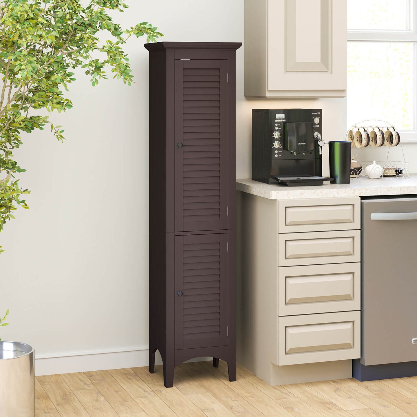 Costway Tall Bathroom Floor Cabinet Narrow Linen Tower with 2 Doors &#x26; Adjustable Shelf Black/Coffee/Grey
