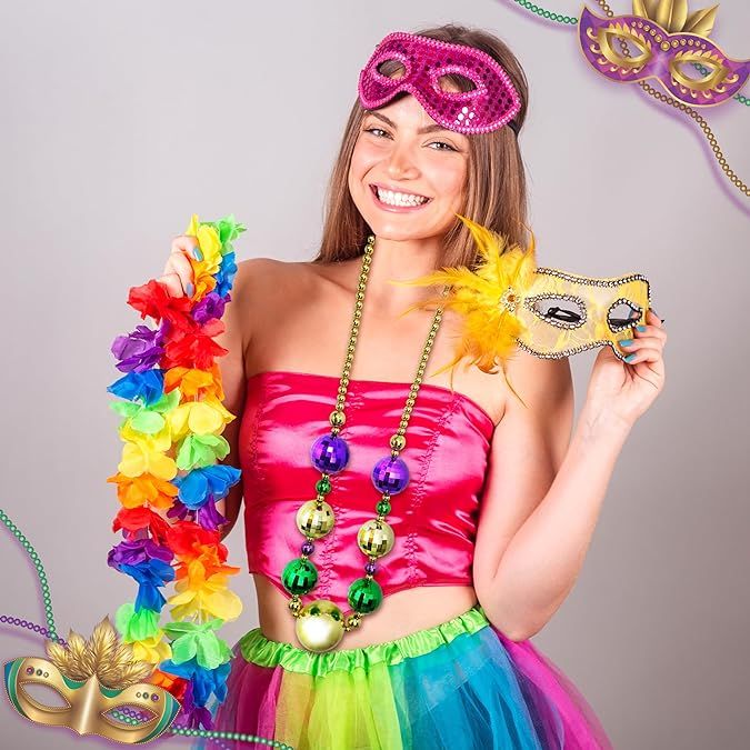 4E's Novelty Mardi Gras Jumbo Bead Necklace Purple Gold Green Huge Disco Ball Dress Up Necklace Accessory