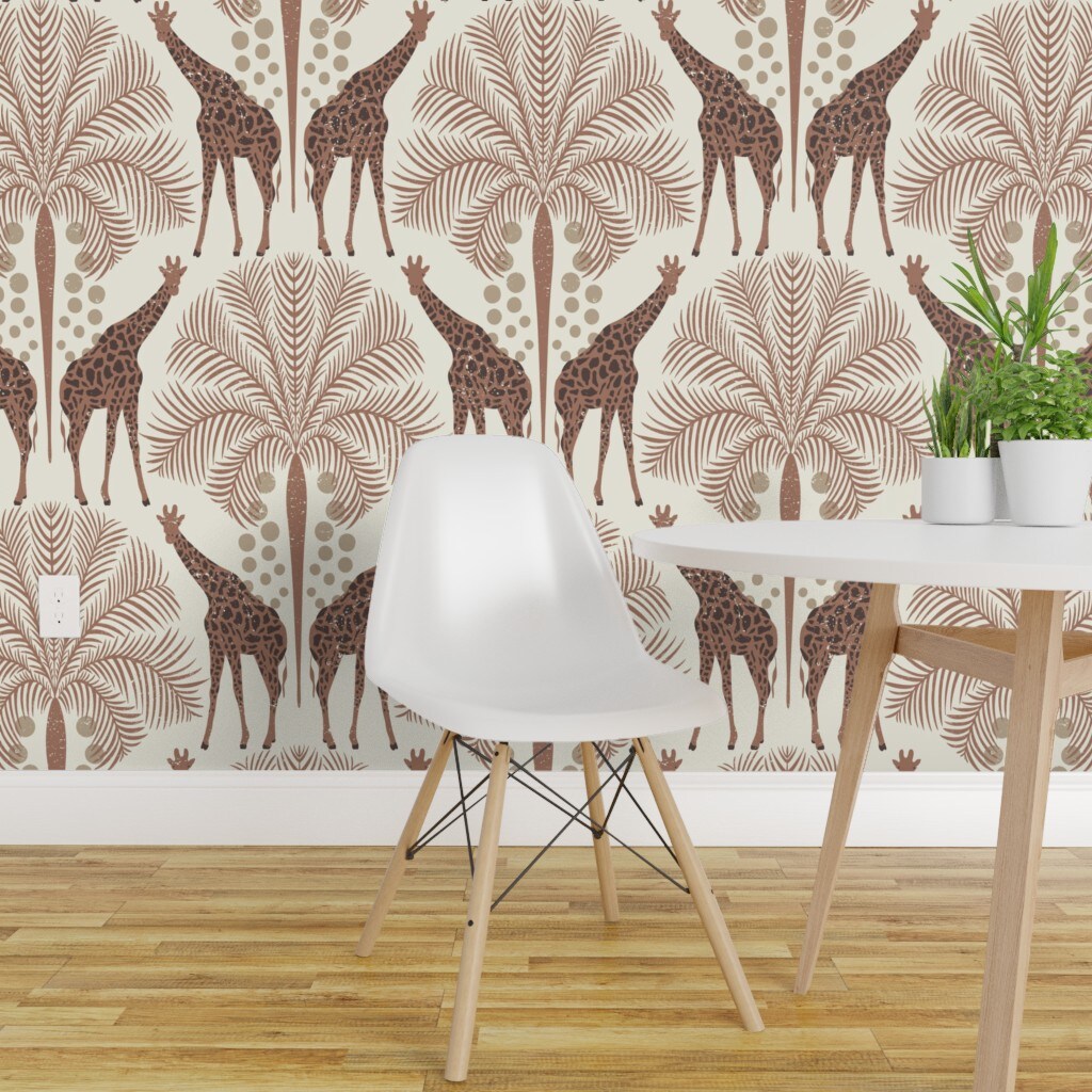 Peel &#x26; Stick Wallpaper 2FT Wide Animal Print Exotic Palm Bohemian Safari Wildlife Earth Tones Monochrome Tree Africa Savanna Custom Removable Wallpaper by Spoonflower