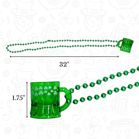 4E&#x27;s Novelty St Patricks Day Beads Necklace With Shot Glasses Beer Mug Pack of 12 &#x2013; Green Irish Gifts Party Favors Supplies, Costume Accessories (Transparent Green With Shamrock)