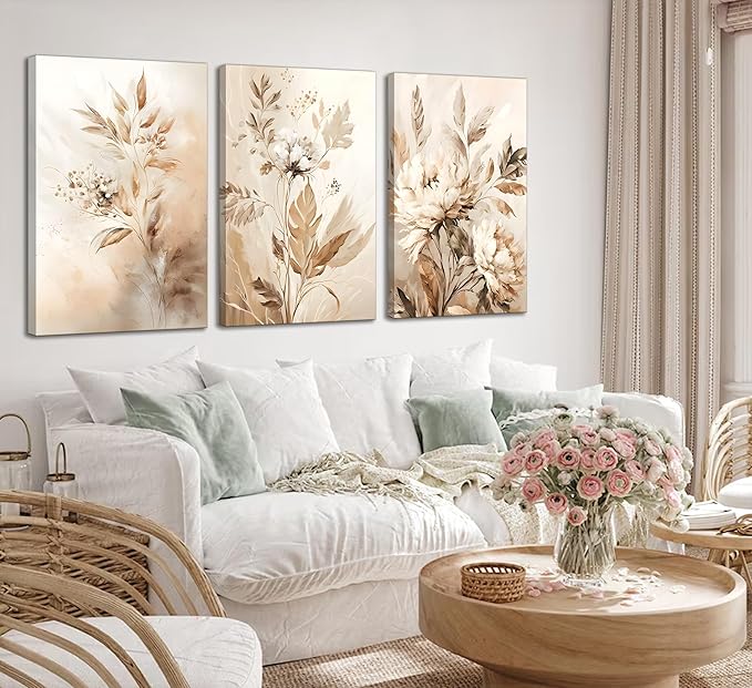3 Pcs Beige Neutral Flower Canvas Wall Art Wildflowers Floral Botanical Painting Picture Wall Decor Poster Print Artwork for Bedroom Living Room Home Decoration