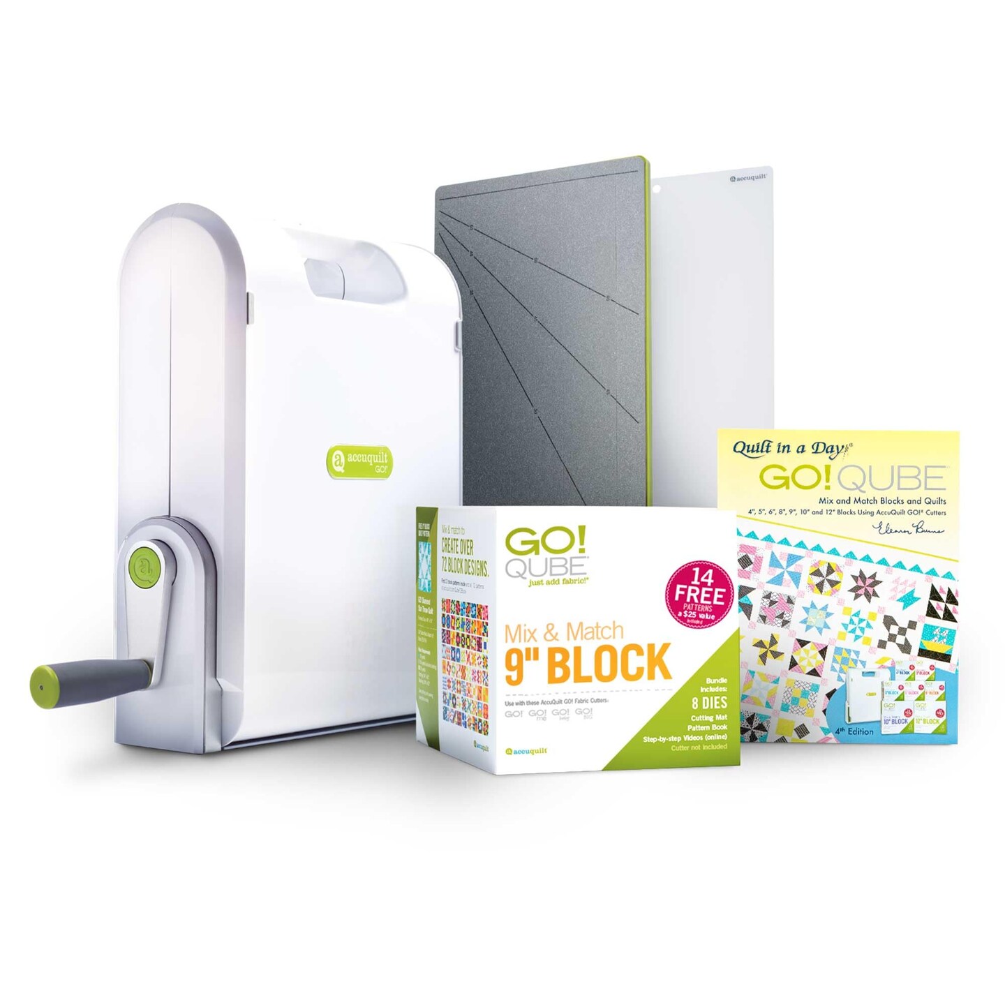 AccuQuilt Ready. Set. GO! Ultimate Fabric Cutting System Boxed Set - 90% Faster, Accurate Cuts - Includes GO! Qube 8" Block Dies, Strip Cutter & Over 70 Free Patterns - Perfect for Quilting & Sewing