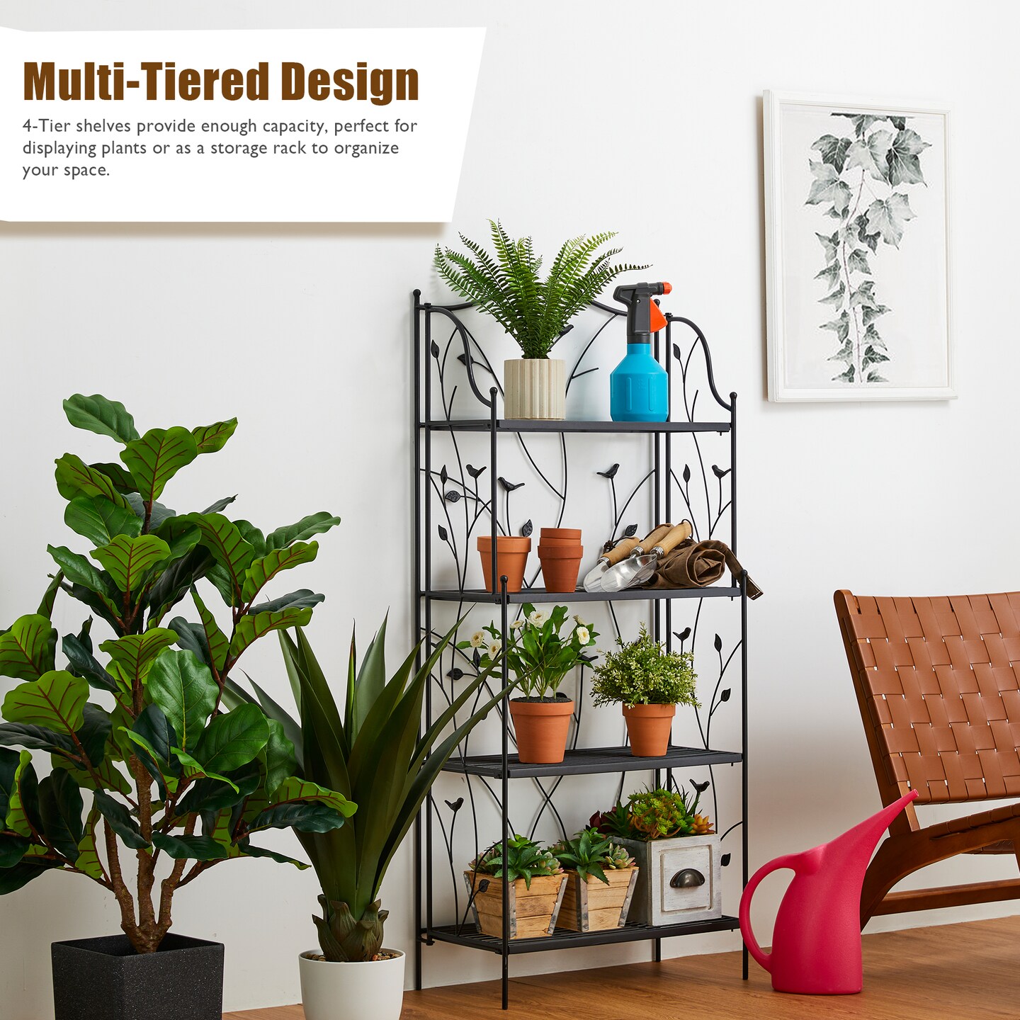 4-Tiers Multifunctional Metal Plant Shelving Bakers Rack Planter Stands Flower Pot Shelf One-step Fordable Design