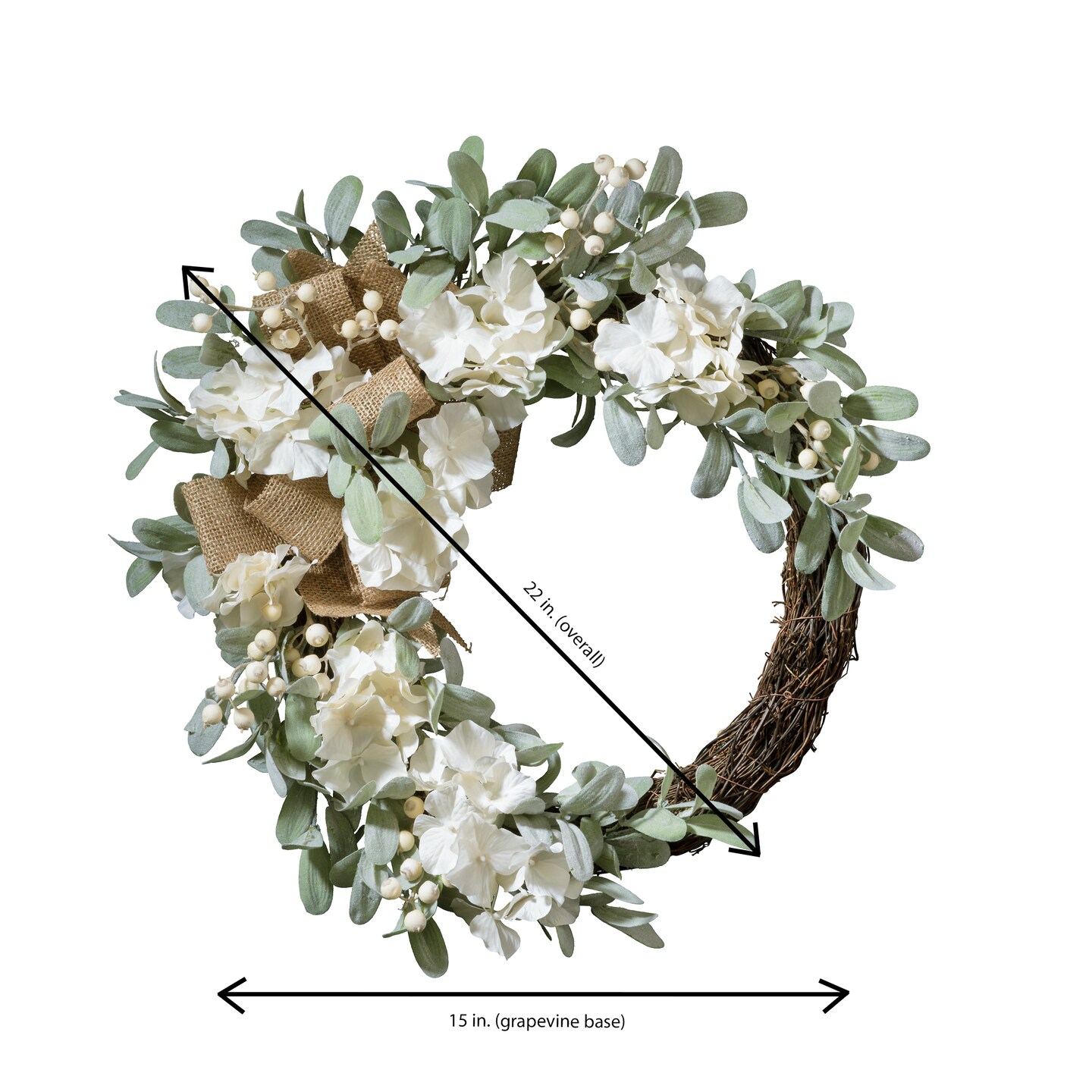 Haute Decor Grapevine Hydrangea Wreath with White Berries, Lamb&#x27;s Ear &#x26; Burlap Bow - Neutral Summer Wreath for Front Door Decor