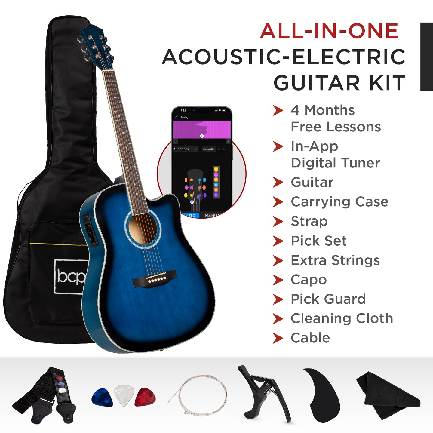 Best Choice Products Beginner Acoustic Electric Guitar Starter Set 41in w/ All Wood Cutaway Design, Case