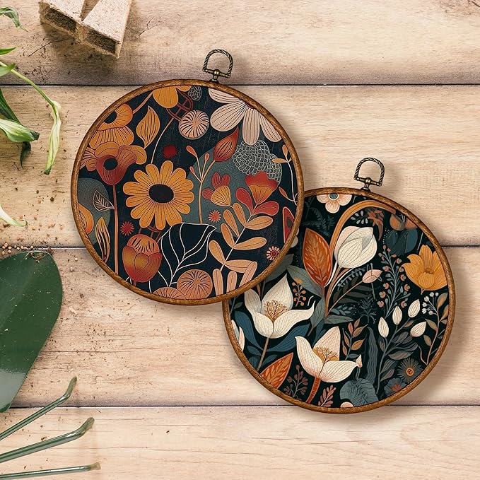 Vintage Natural Flowers Wall Decor Art Set of 2 - Floral Botanical Wall Art Canvas Frame Hanging Prints, Mid Century Modern Round Wall Art Decor for Bedroom Farmhouse Decorations 10"x10"