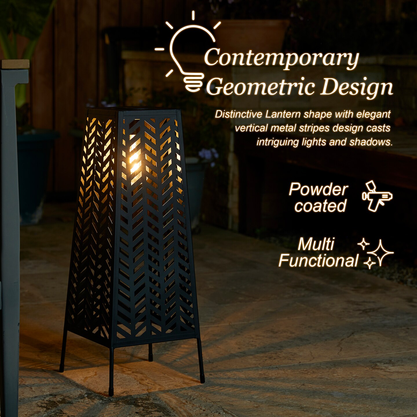 Set of 2 21.5"H Metal Geometric Solar Powered Floor Lantern with Edison Bulb