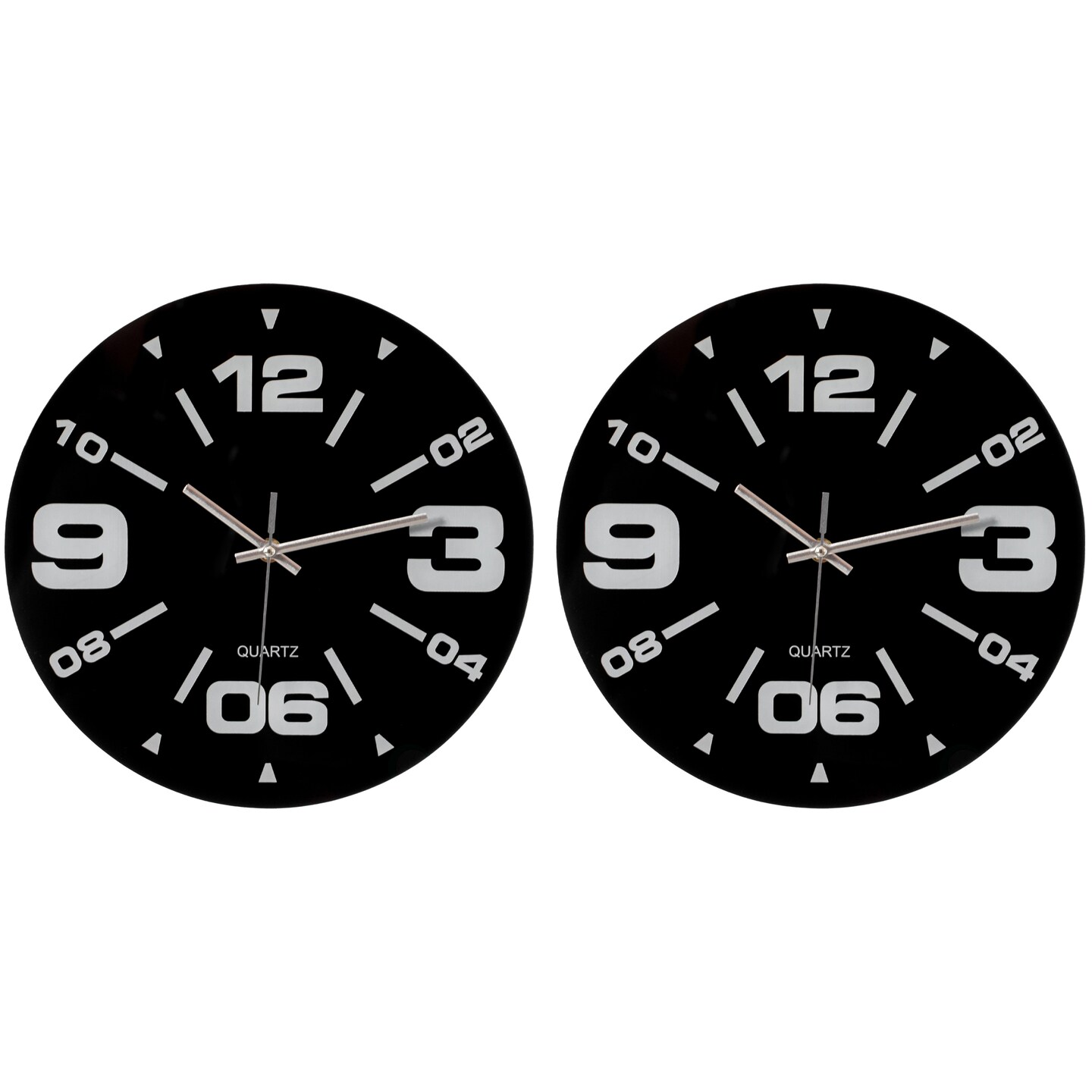 Clockswise Pack of 2 12 inch Black Decorative Unique Modern Round Glass Analog Wall Clock, Perfect for Office, Classroom, Living Room, Dining Room, Bed Room, Entryway and Kitchen Wall Decor.