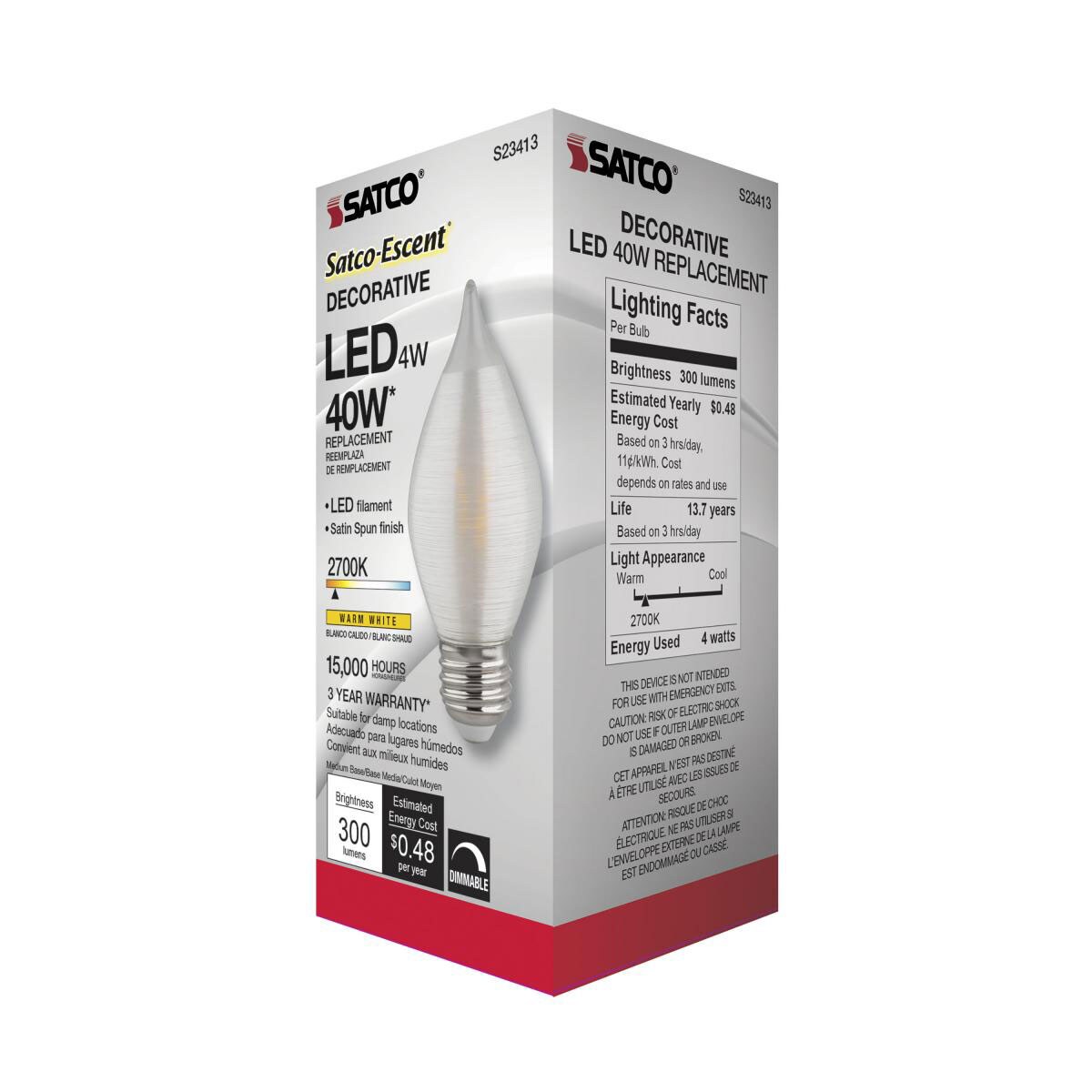 Satco S23413 4w C15 LED Satin Spun Clear 120v Medium Base 300lm 2700k bulb