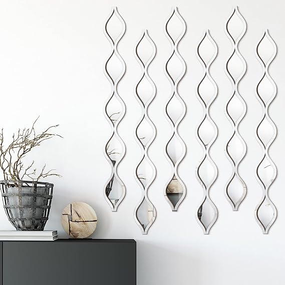 6 Pcs Acrylic Teardrop Mirror Wall Decor Decorative Mirror Narrow Wall Decor Boho Vintage Wall Decals Art for Apartment Home Living Room Bathroom Bedroom Hallway (Silver Edge)