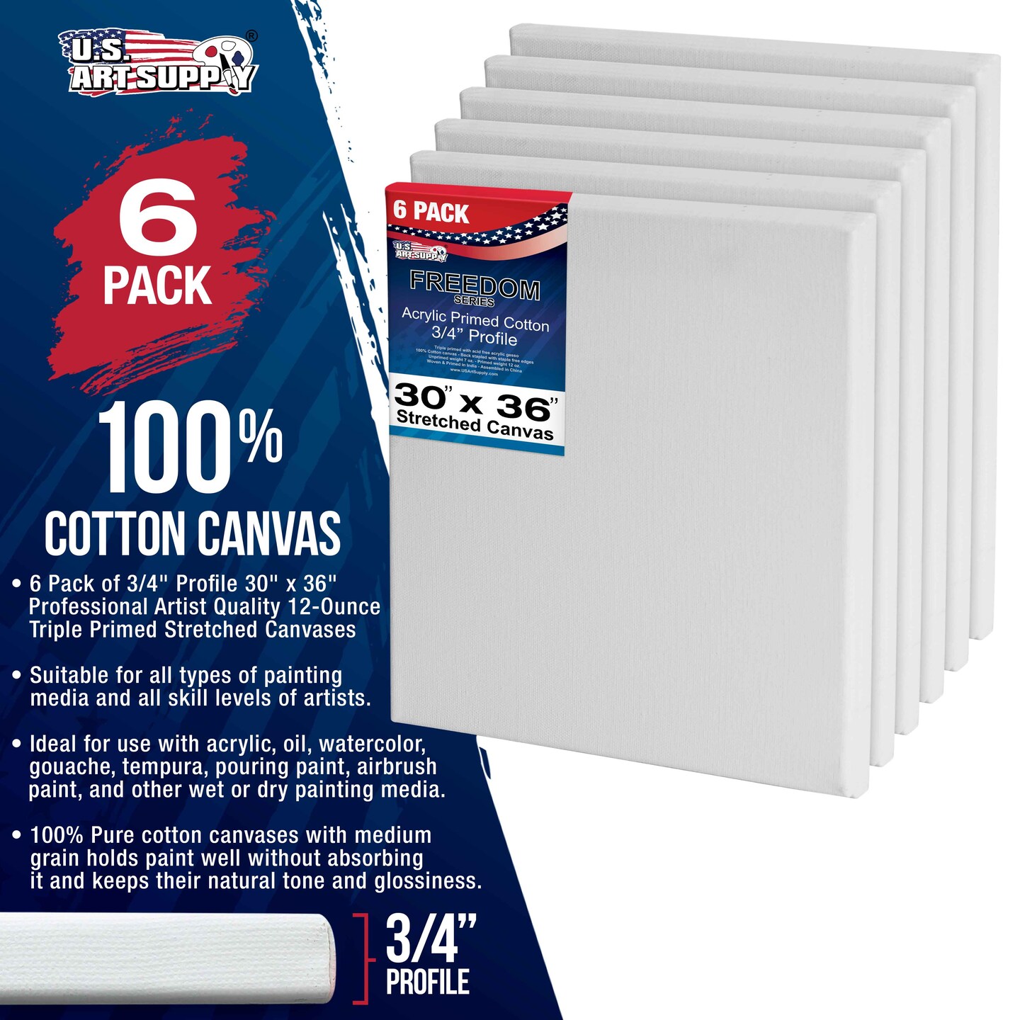 30 x 36 inch Stretched Canvas 12-Ounce Triple Primed, 6-Pack - Professional Artist Quality White Blank 3/4&#x22; Profile, 100% Cotton, Heavy-Weight Gesso