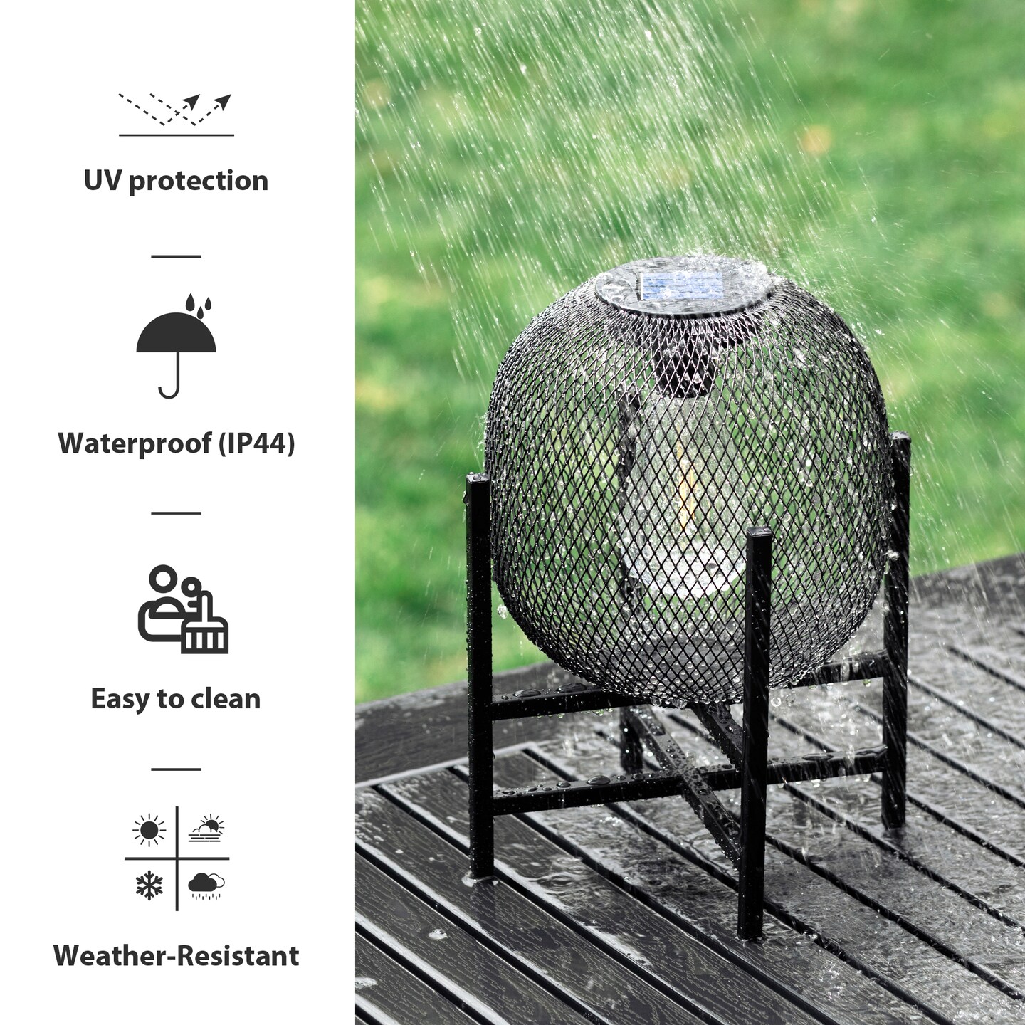 Set of 2 Black Metal Mesh Solar Powered Edison Bulb Outdoor Lantern with Stand