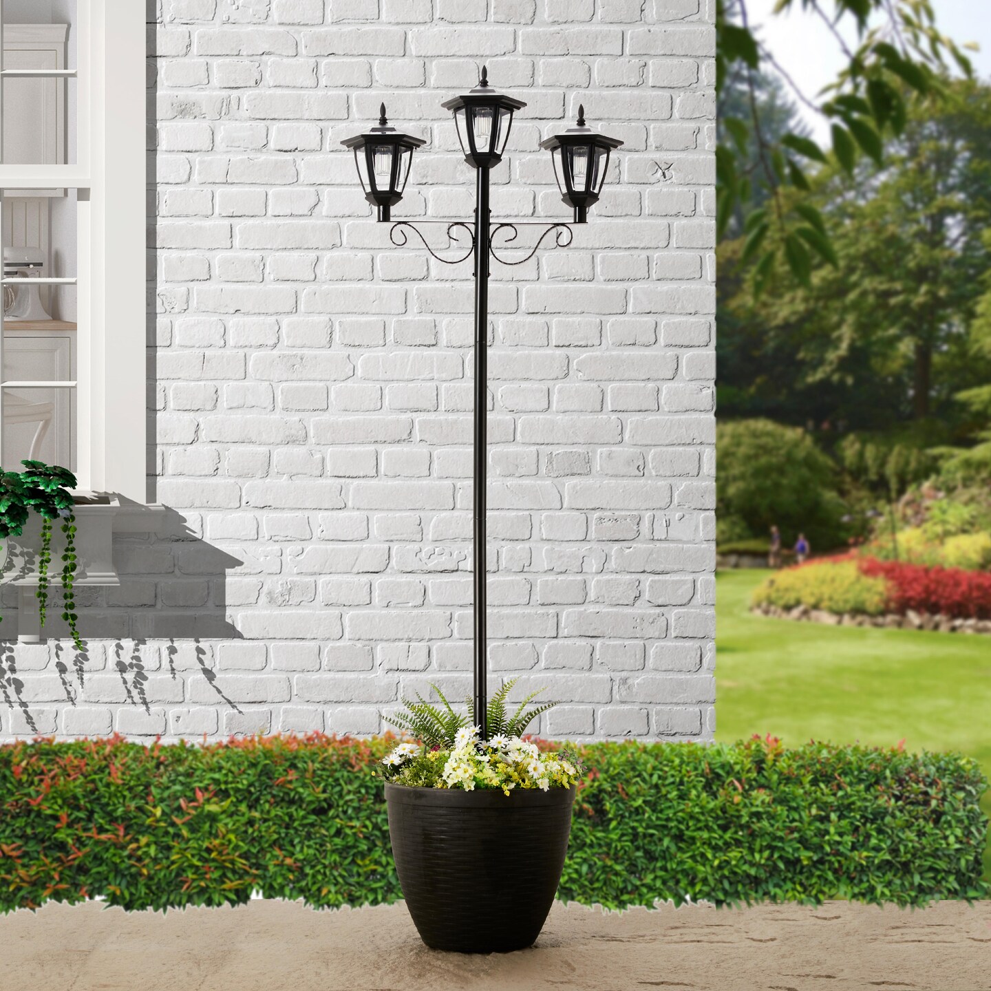 Set of 2 74&#x22;H Solar Three Head Street Light with a Round Planter Pot