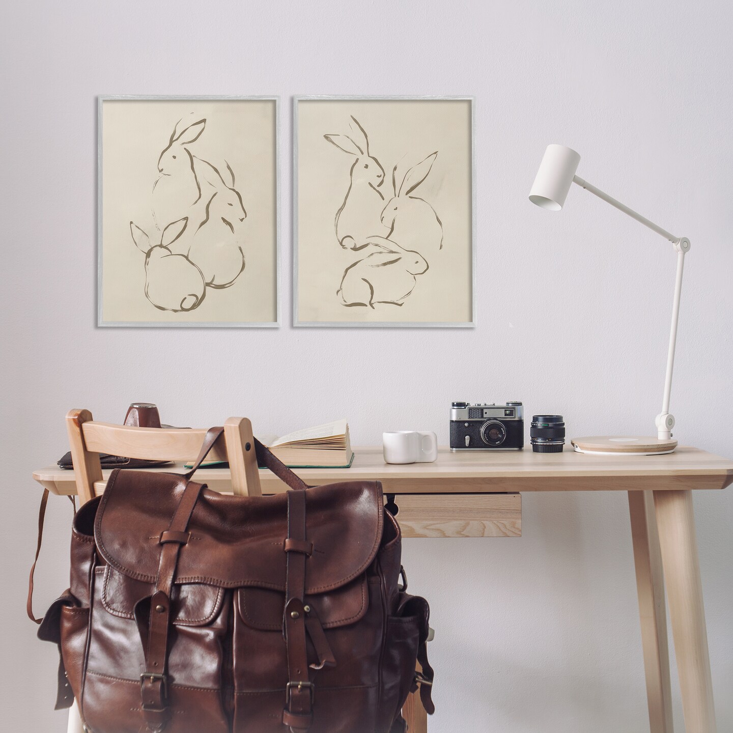 Stupell Industries Earthtone Sitting Rabbits Sketch 2 pc Framed Giclee Wall Art Set Design by June Erica Vess