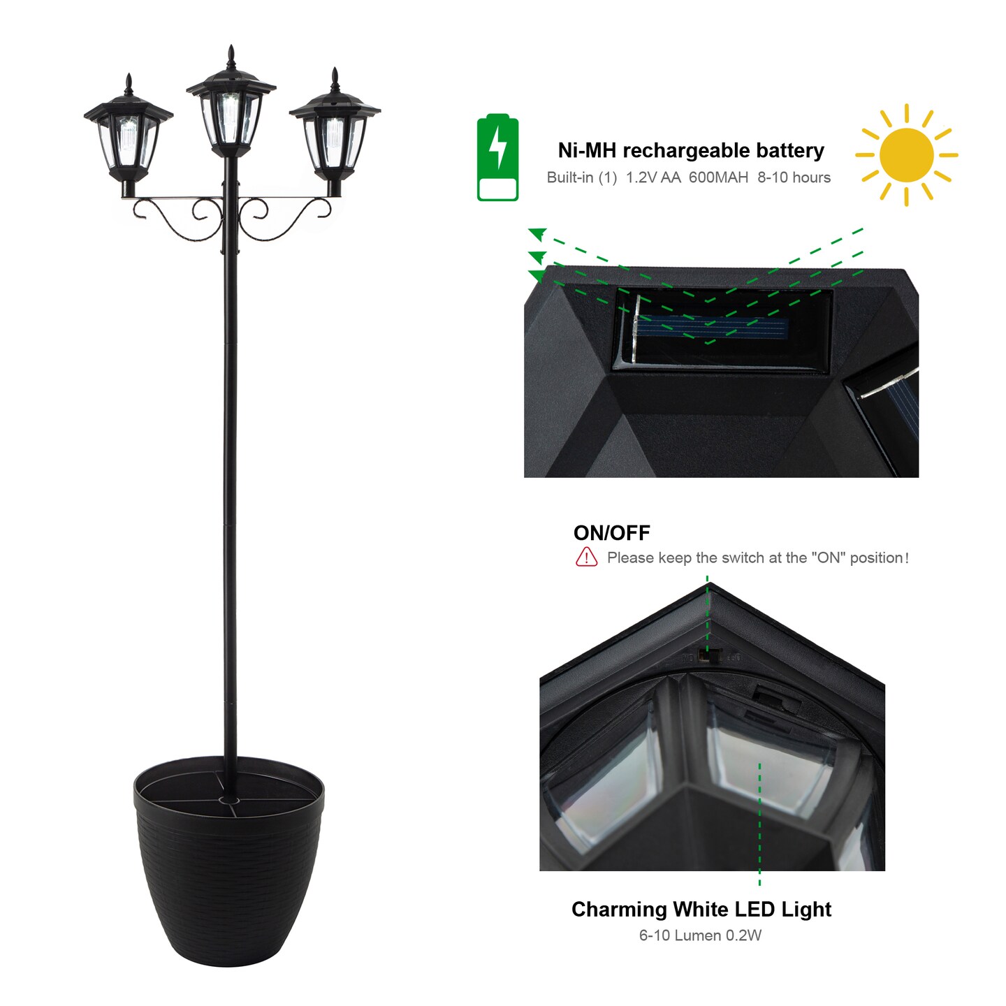 Set of 2 74&#x22;H Solar Three Head Street Light with a Round Planter Pot