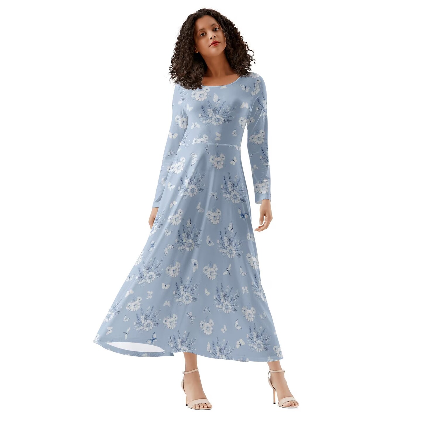 product name is Summer Flowers Women's Long Dress - Light Grey-Blue Color - Long sleeves - Soft, lightweight and stretchy Fabric - Flowing Skirt