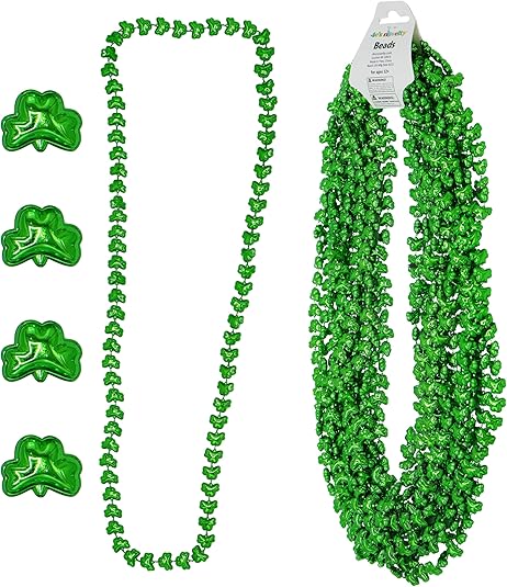 4E&#x27;s Novelty St Patricks Day Beads Necklace Bulk (12 Pack) Shamrock Clover Green Beads - St. Patrick&#x27;s Day Gifts for Kids, Kids Party Favor Supplies Costume Accessories