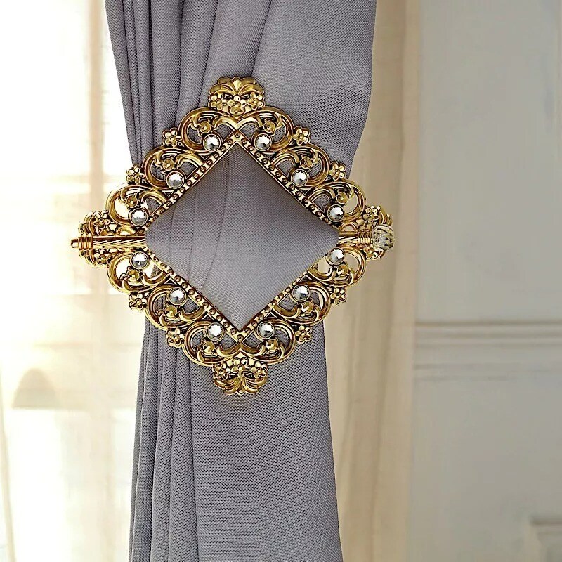 2 Gold 6" Square Plastic CURTAIN TIE Backs Baroque Design Acrylic Crystals Party
