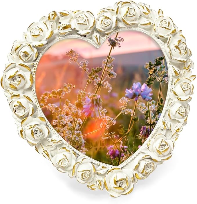 5x5 White with Gold Heart Shaped Rose Border Resin Frame, Photo Tabletop & Wall Display Hanging Display & Home Décor (5x5, White with Gold)