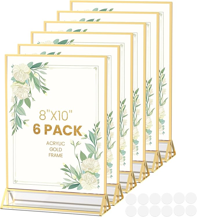 Gold Frames 8X10 Acrylic Sign Holder Double-Sided Picture Frames for Menu Holder Wedding Table Number Holder Christmas Photo Frames with Non-Marking Round Stickers -6 Pack