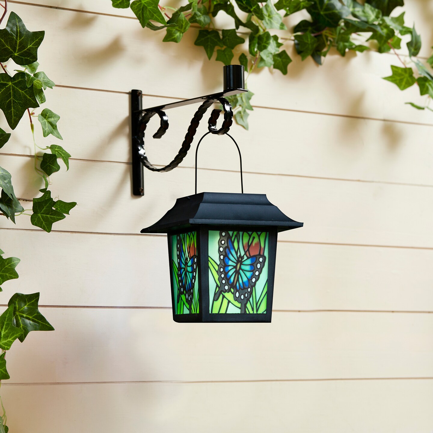 Set of 2 30&#x22;H Solar Powered Butterfly Scene Pattern Garden Lamp or Pathway Light with Ground Stake