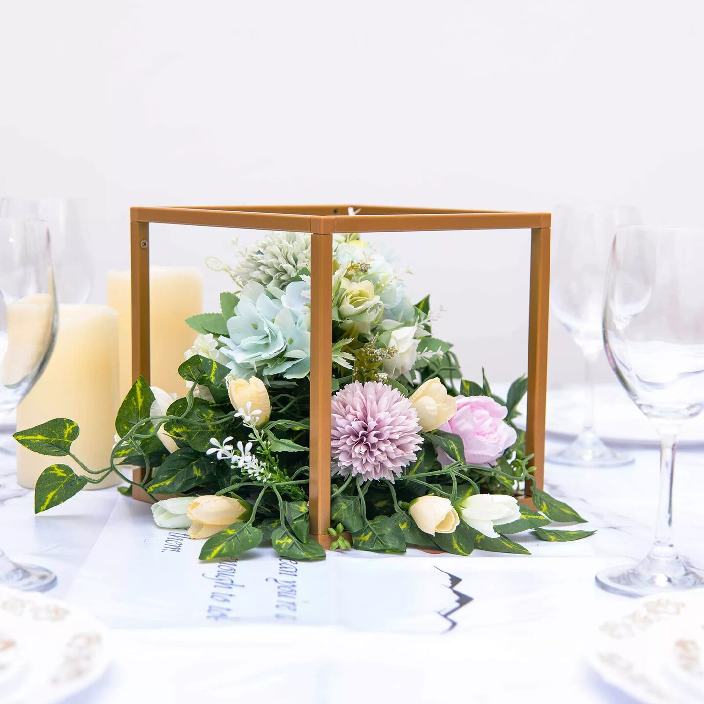2 pcs 8-Inch tall Gold Matte Square Metal Geometric Stands Flower Vase Holders