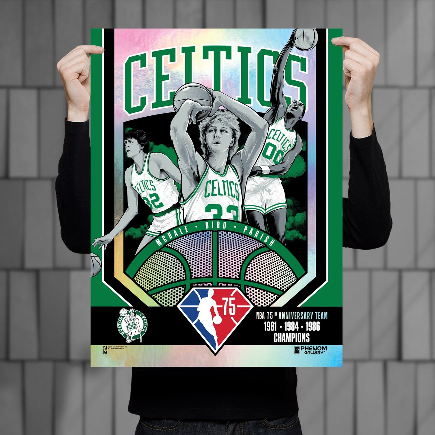 Phenom Gallery Boston Celtics 75th Anniversary 80&#x27;s NBA Champs 18&#x22; x 24&#x22; Foil Serigraph