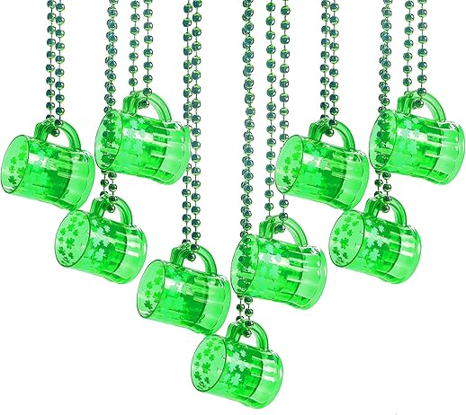 4E&#x27;s Novelty St Patricks Day Beads Necklace With Shot Glasses Beer Mug Pack of 12 &#x2013; Green Irish Gifts Party Favors Supplies, Costume Accessories (Transparent Green With Shamrock)